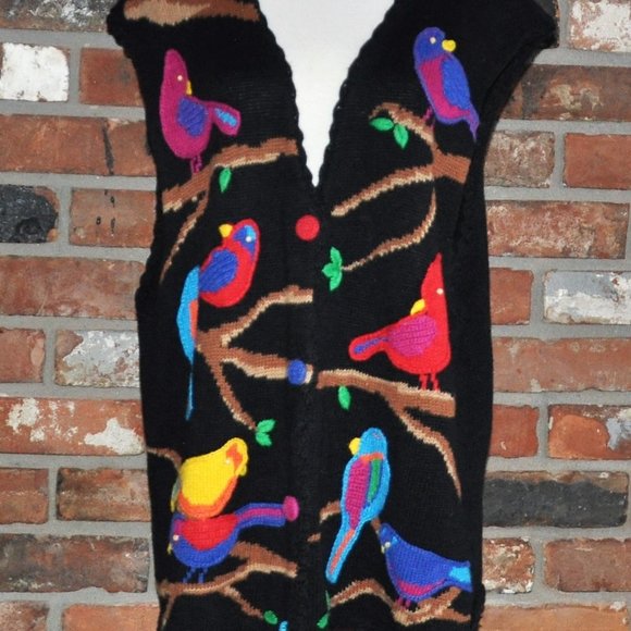 Vtg PBJ Sport BIRDS MultiColor Knit Button-Up Oversize Sweater Sleeveless Vest L - Picture 3 of 9